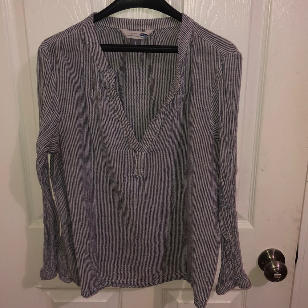 Light blue and white striped long sleeve blouse